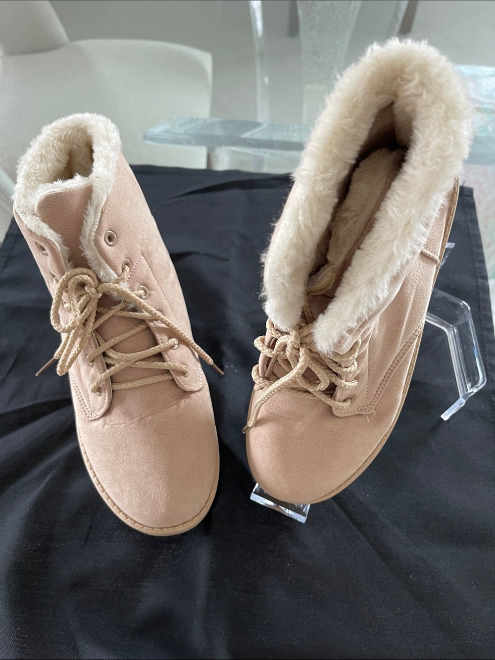 Faux-Suede Lace-Up Winter Ankle Boots with Faux-Fur Trim - Blush